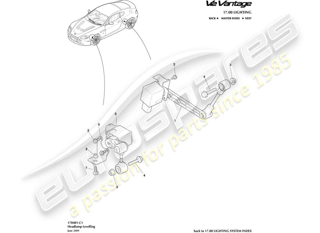 aston martin v12 vantage (2011) teilediagramm zur scheinwerferhöhenverstellung
