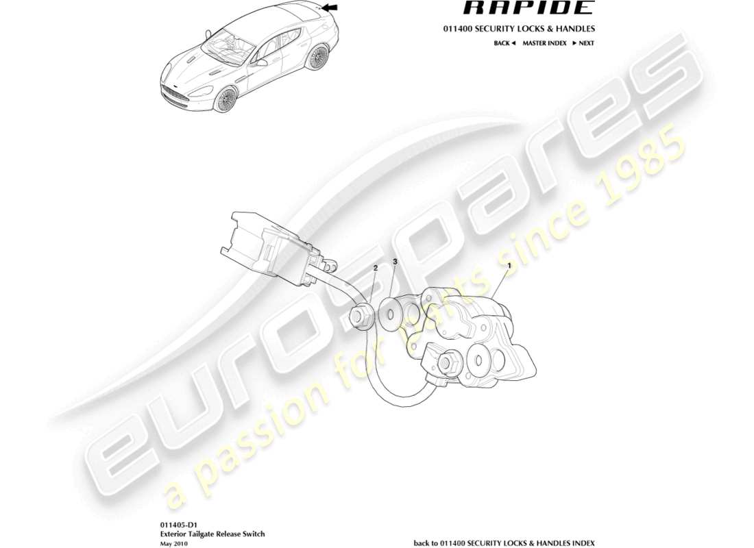 aston martin rapide (2011) teilediagramm für heckklappenentriegelung