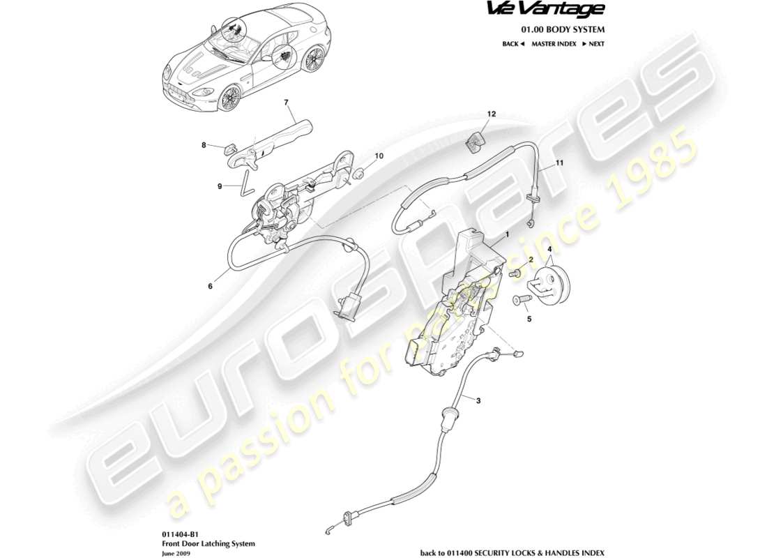 aston martin v12 vantage (2012) teilediagramm für das vordertürschloss