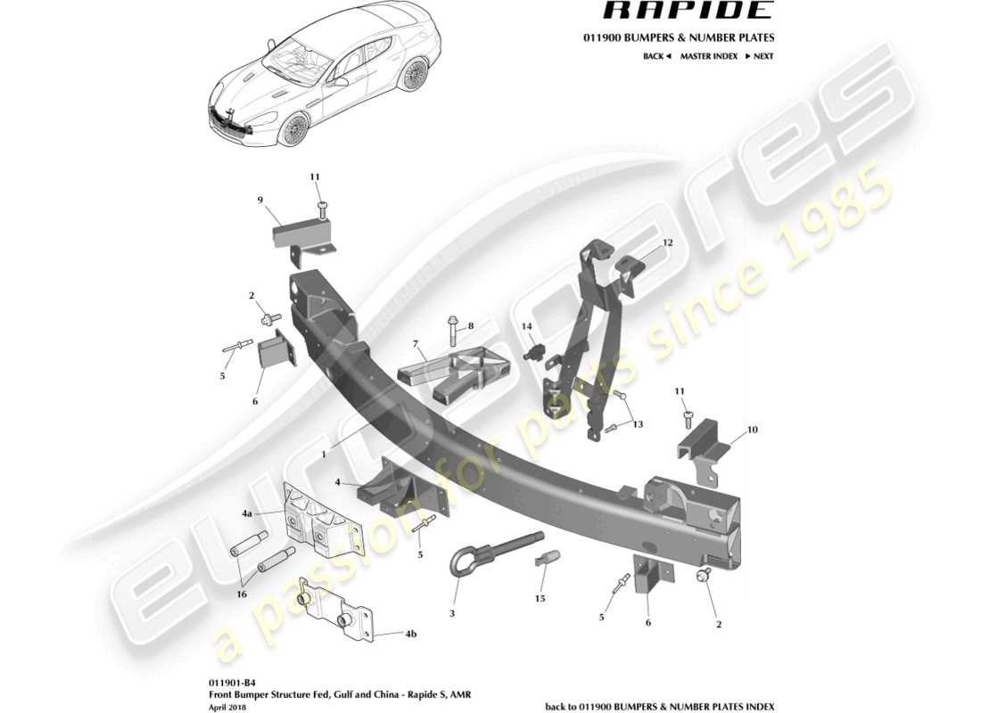 aston martin rapide (2011) vordere stoßfängerstruktur, s fed, gcc, china, teilediagramm