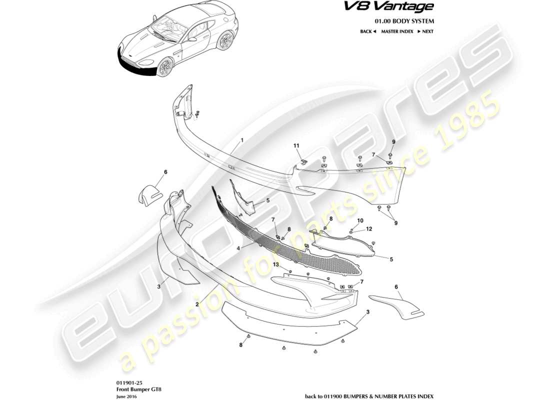 aston martin v8 vantage (2008) vordere stoßstange, gt8 ersatzteildiagramm