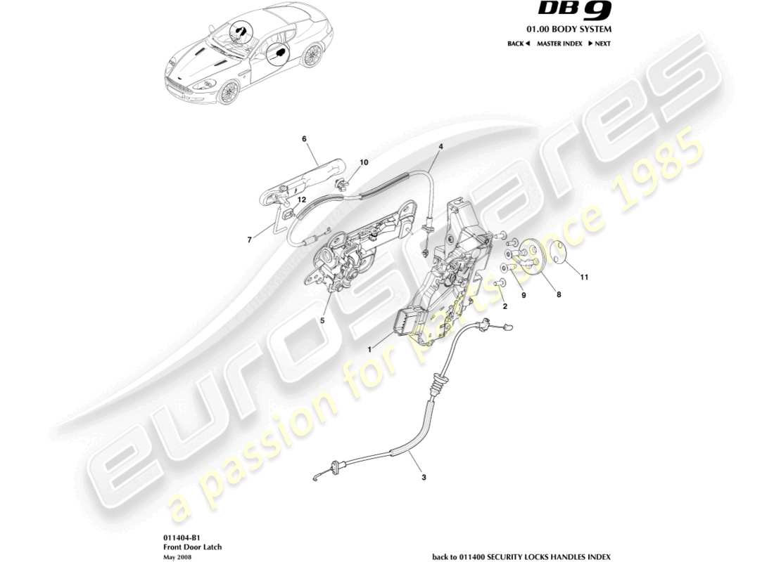 aston martin db9 (2010) teilediagramm für das vordertürschloss