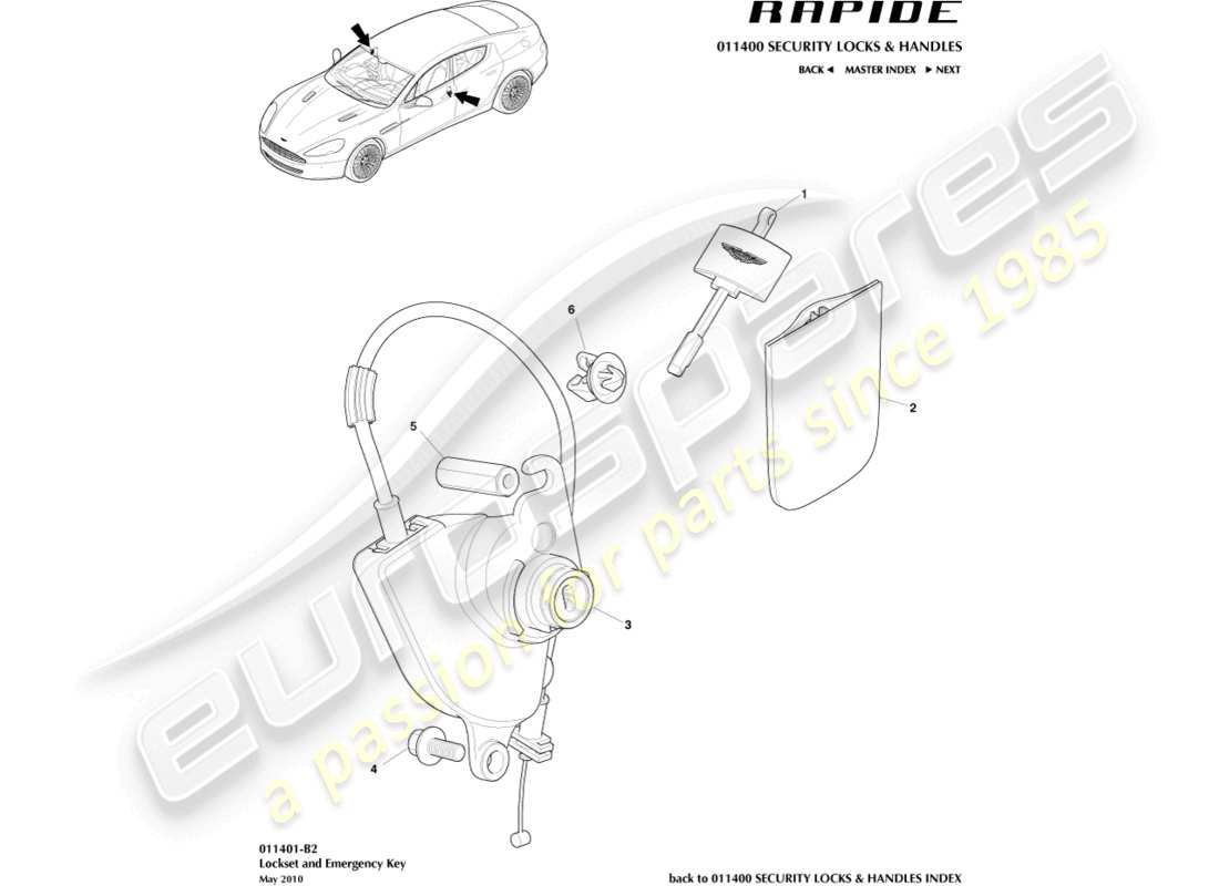 aston martin rapide (2016) teilediagramm für schlosssatz und schlüssel
