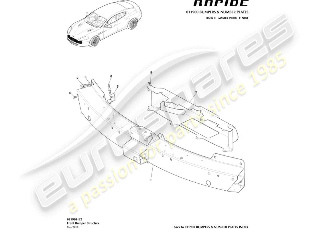 aston martin rapide (2010) teilediagramm der frontstoßstangenstruktur