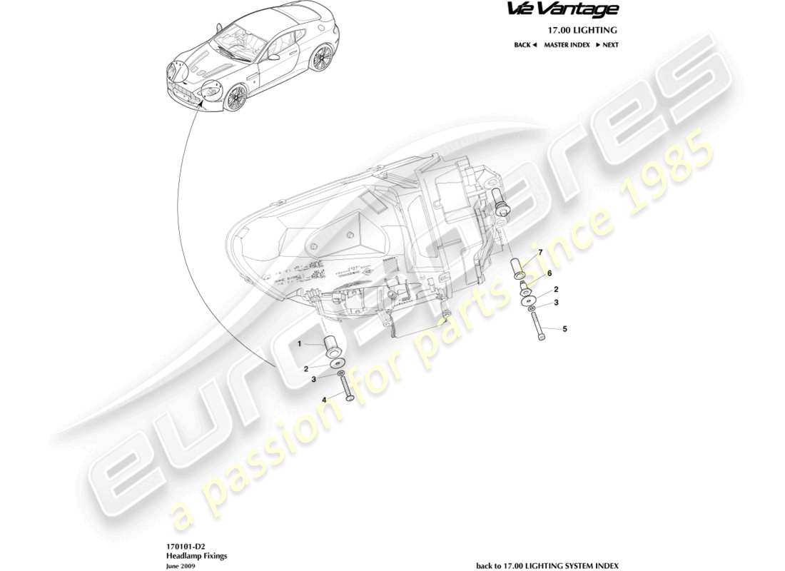 aston martin v12 vantage (2012) teilediagramm für scheinwerferbefestigungen
