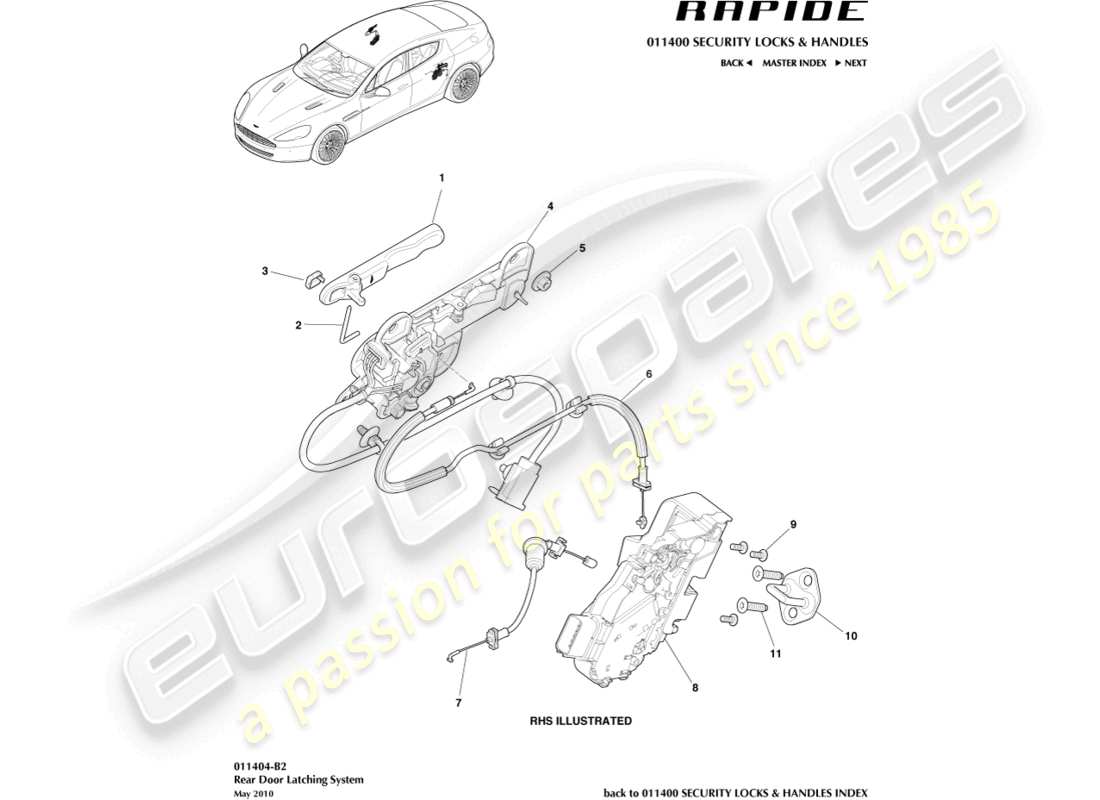 aston martin rapide (2018) teilediagramm für das hintere türschloss