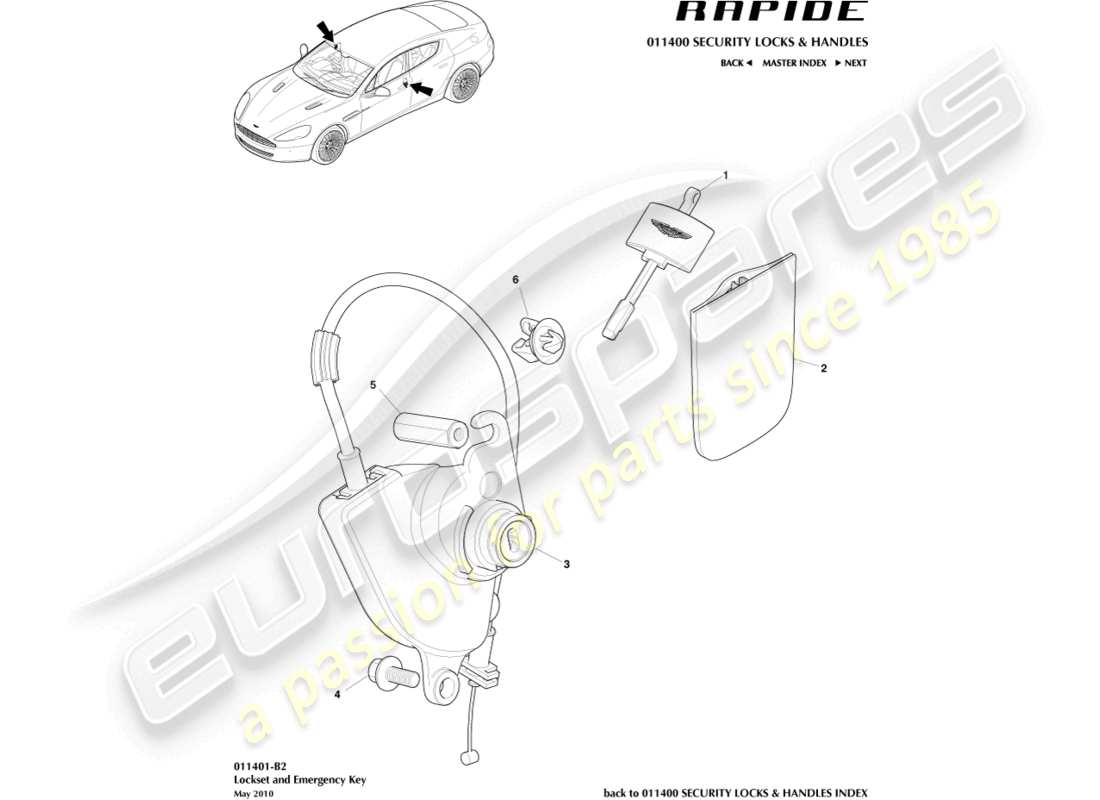 aston martin rapide (2011) teilediagramm für schlosssatz und schlüssel