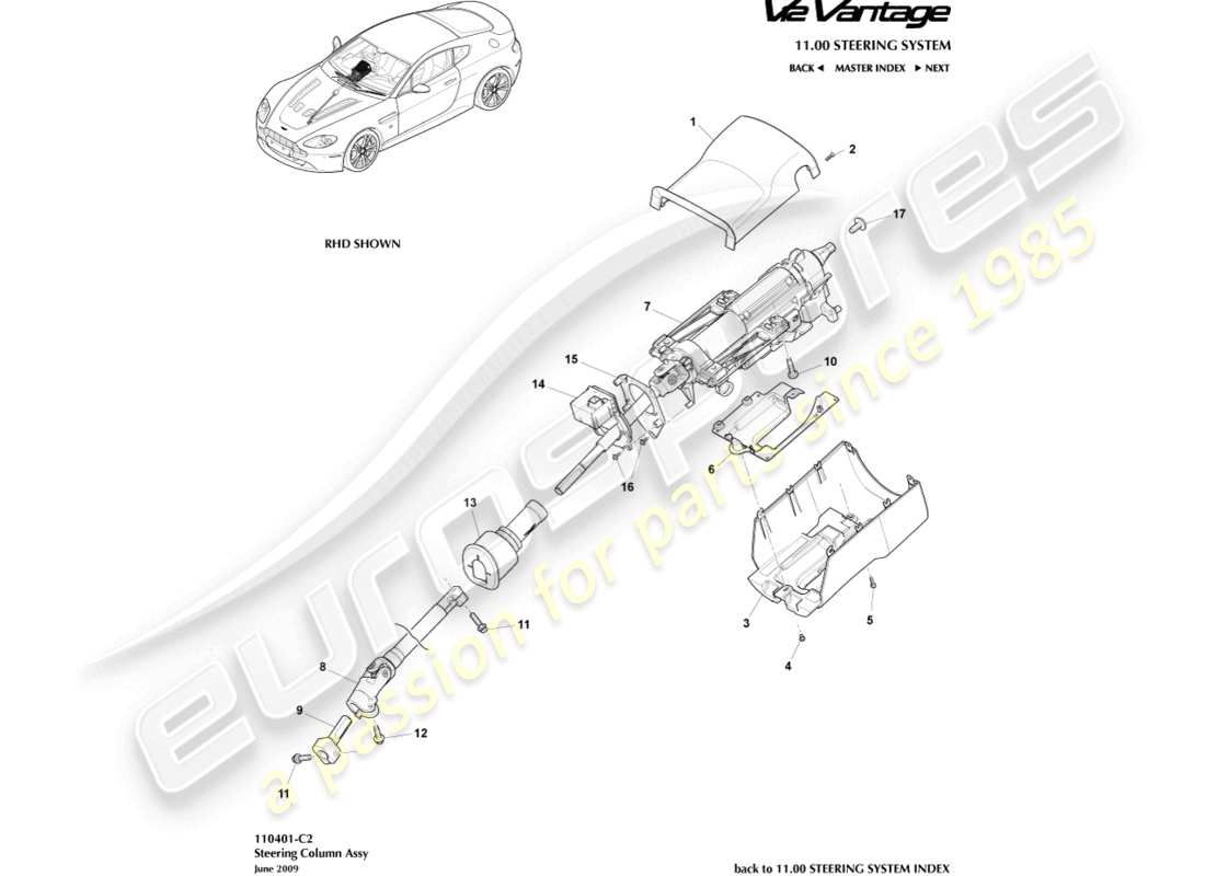 aston martin v12 vantage (2011) teilediagramm der lenksäulenbaugruppe