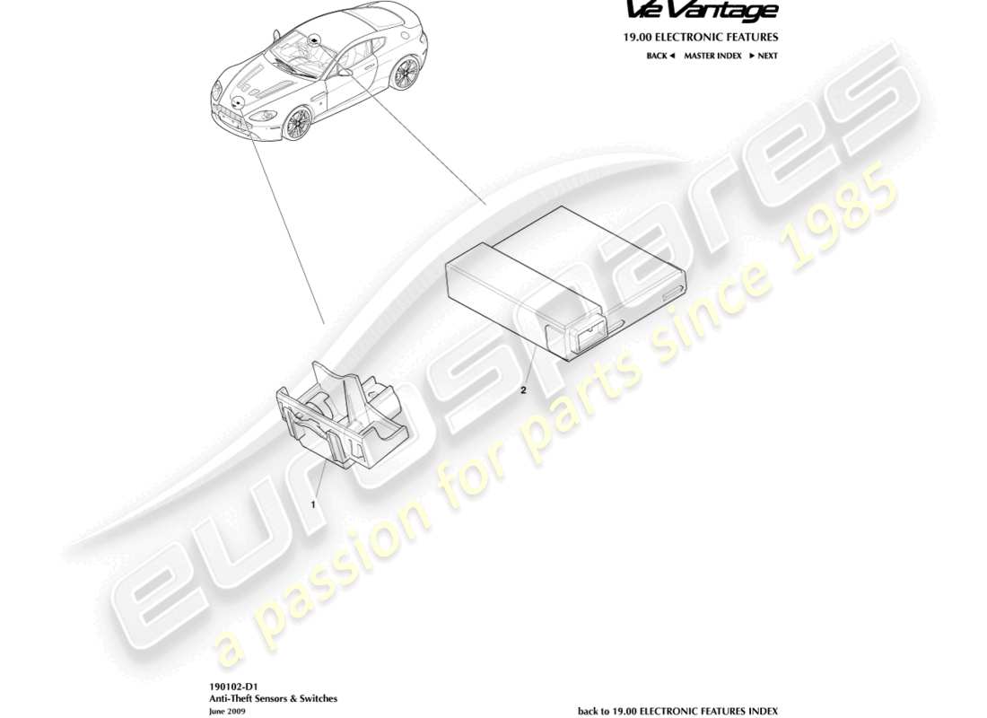 aston martin v12 vantage (2012) teilediagramm für diebstahlschutzsensoren und -schalter
