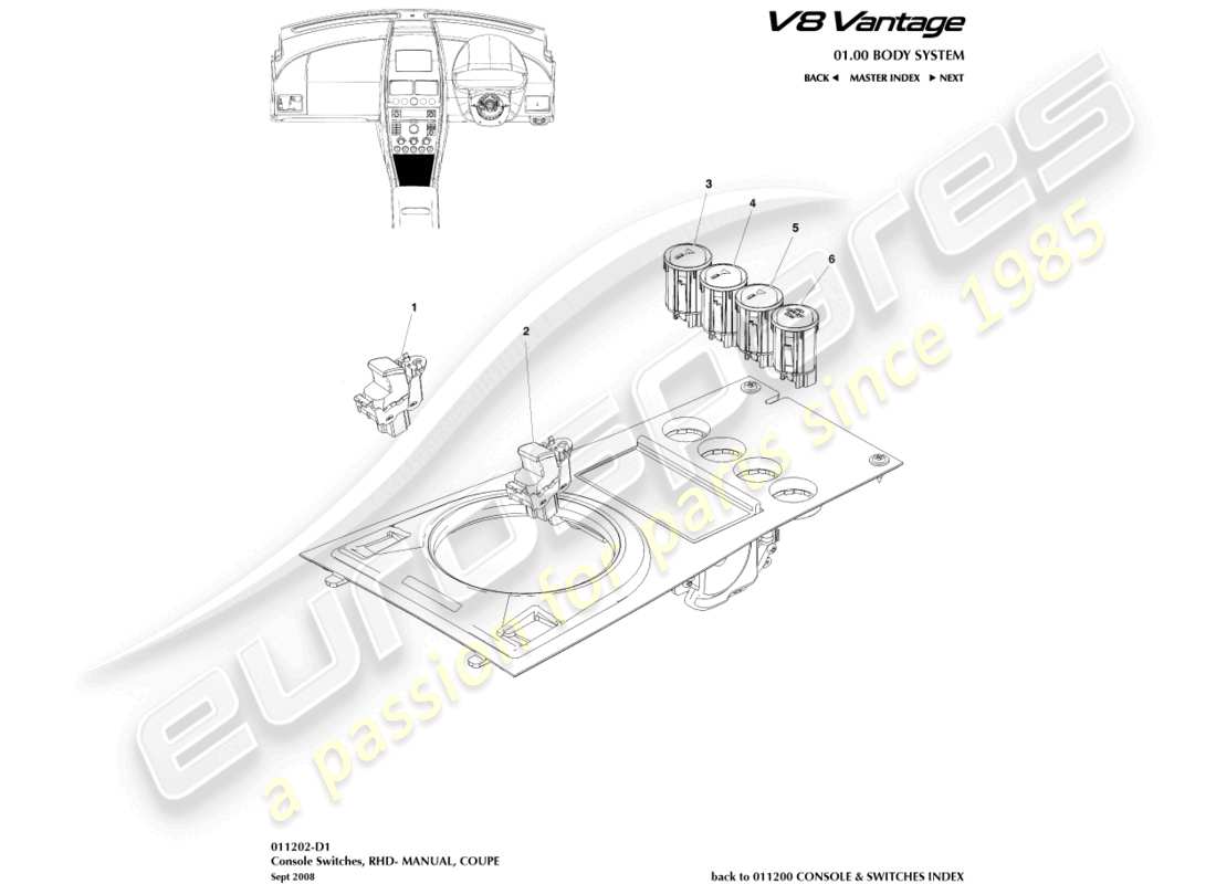 aston martin v8 vantage (2006) konsolenschalter, coupé, rhd-ersatzteildiagramm