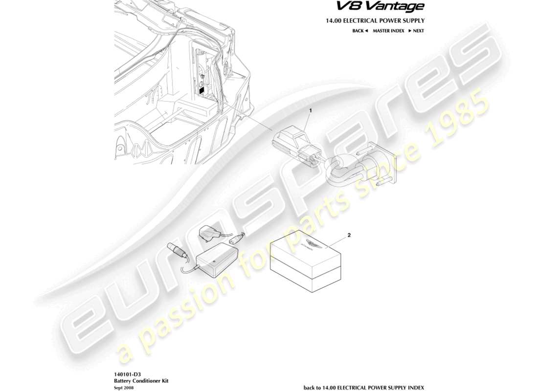 aston martin v8 vantage (2014) teilediagramm des batterie-conditioner-kits