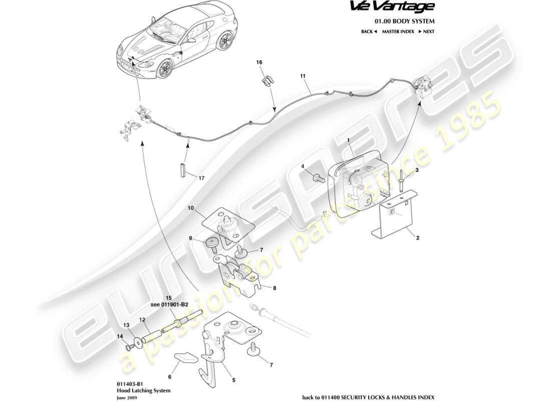 aston martin v12 vantage (2011) teilediagramm des motorhaubenverriegelungssystems