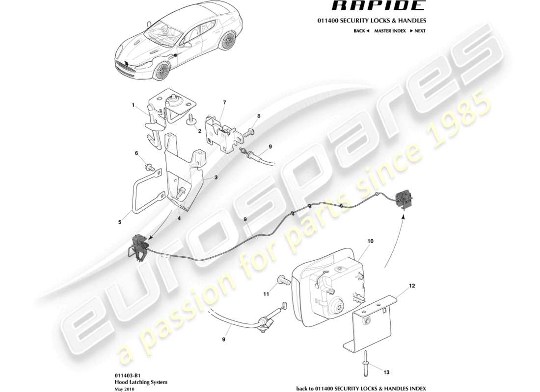 aston martin rapide (2011) teilediagramm des motorhaubenverriegelungssystems