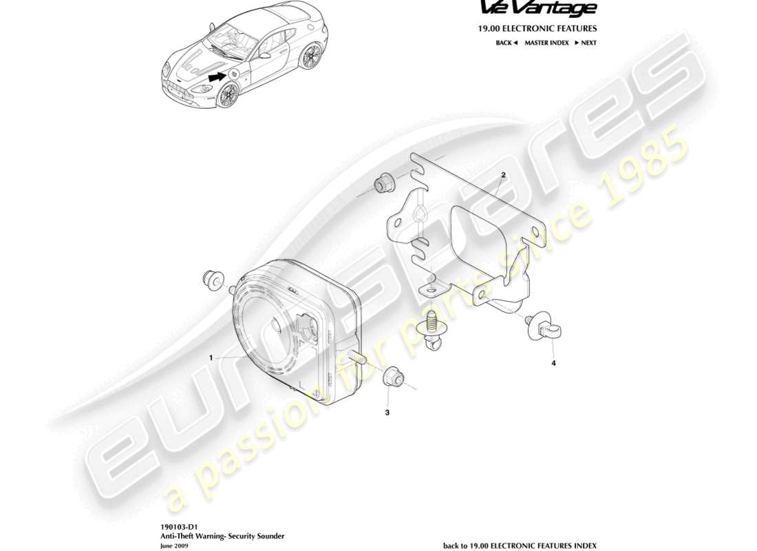 aston martin v12 vantage (2012) teilediagramm für sicherheitssirene
