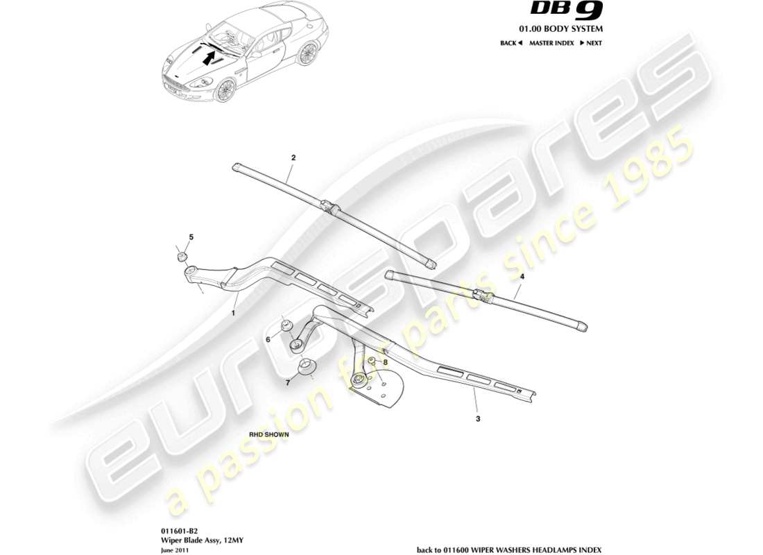 aston martin db9 (2005) wischerblattbaugruppe, 12my teilediagramm