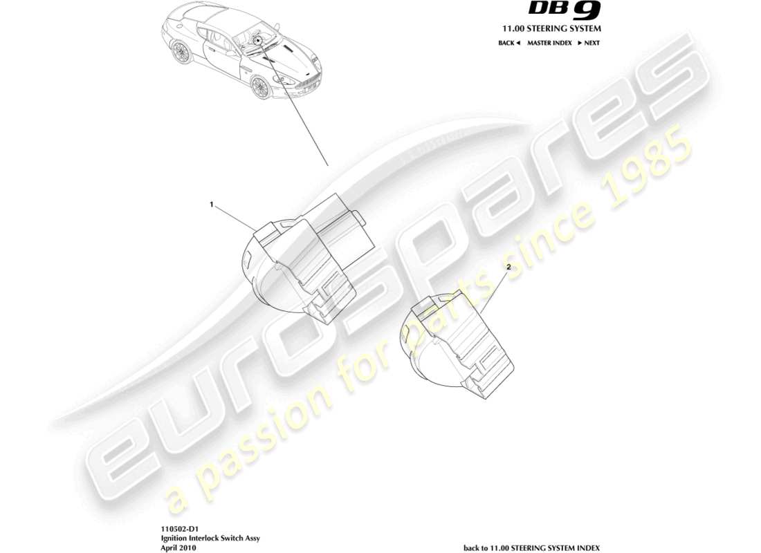 aston martin db9 (2005) teilediagramm der zündschalterbaugruppe
