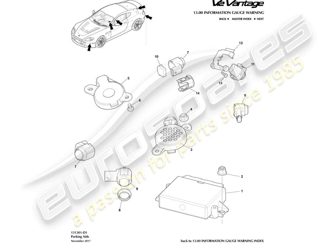 aston martin v12 vantage (2013) teilediagramm für einparkhilfesensoren