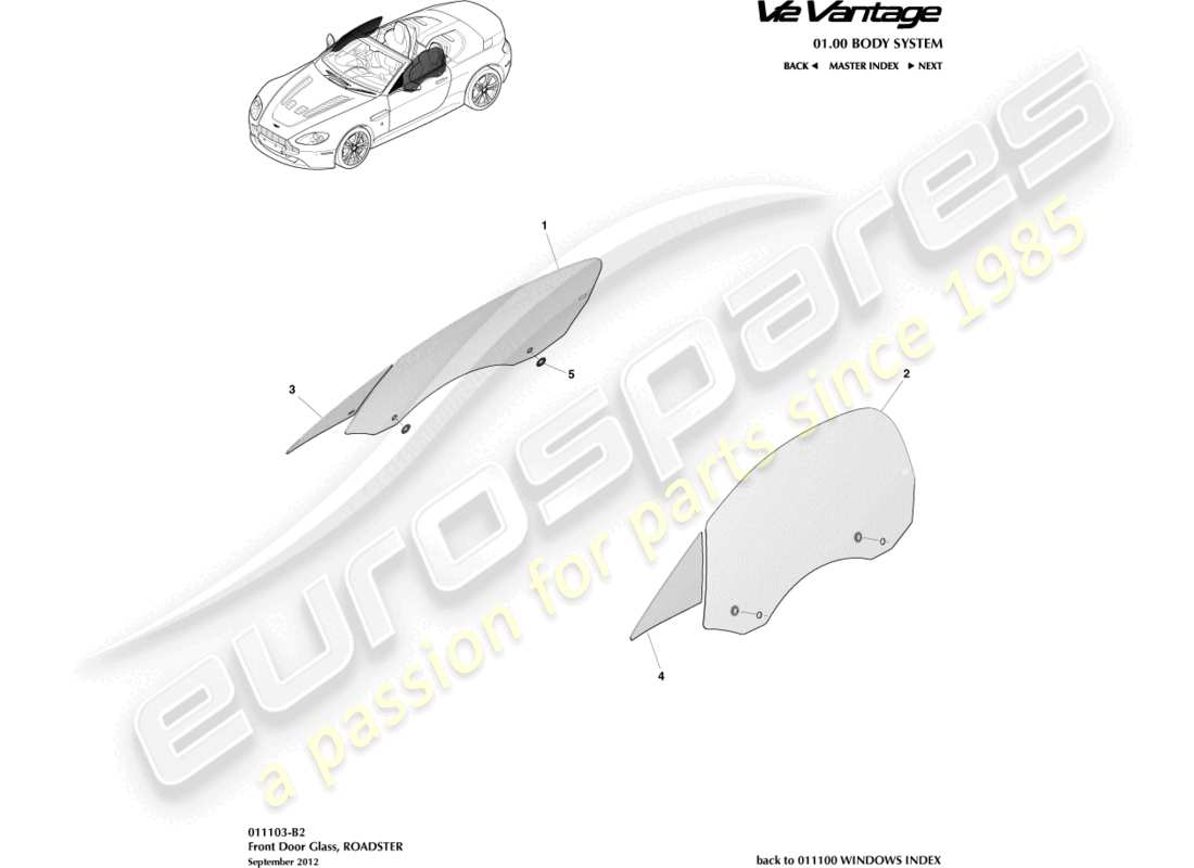 aston martin v12 vantage (2010) türglas, roadster-ersatzteildiagramm