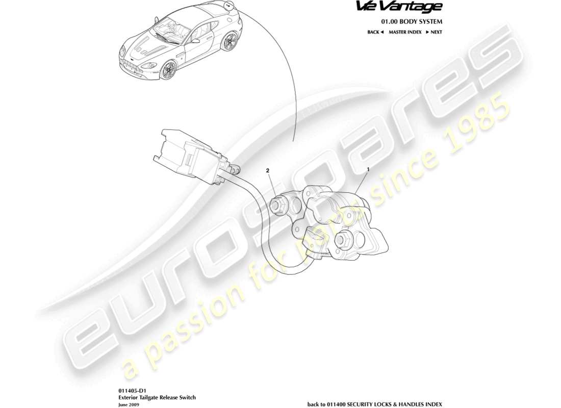 aston martin v12 vantage (2013) teilediagramm für heckklappenentriegelung