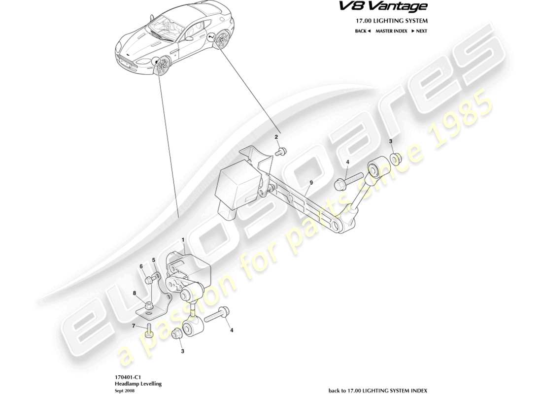aston martin v8 vantage (2017) teilediagramm zur scheinwerferhöhenverstellung