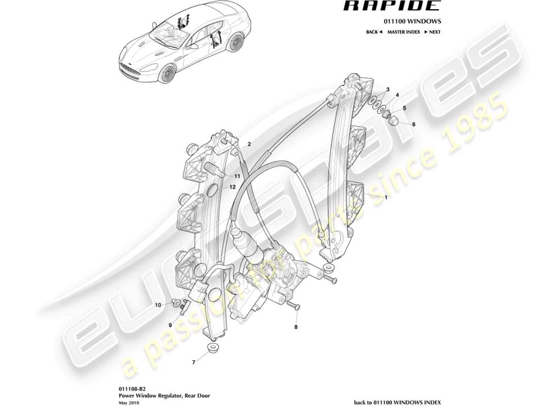 aston martin rapide (2014) teilediagramm für heckscheibenheber