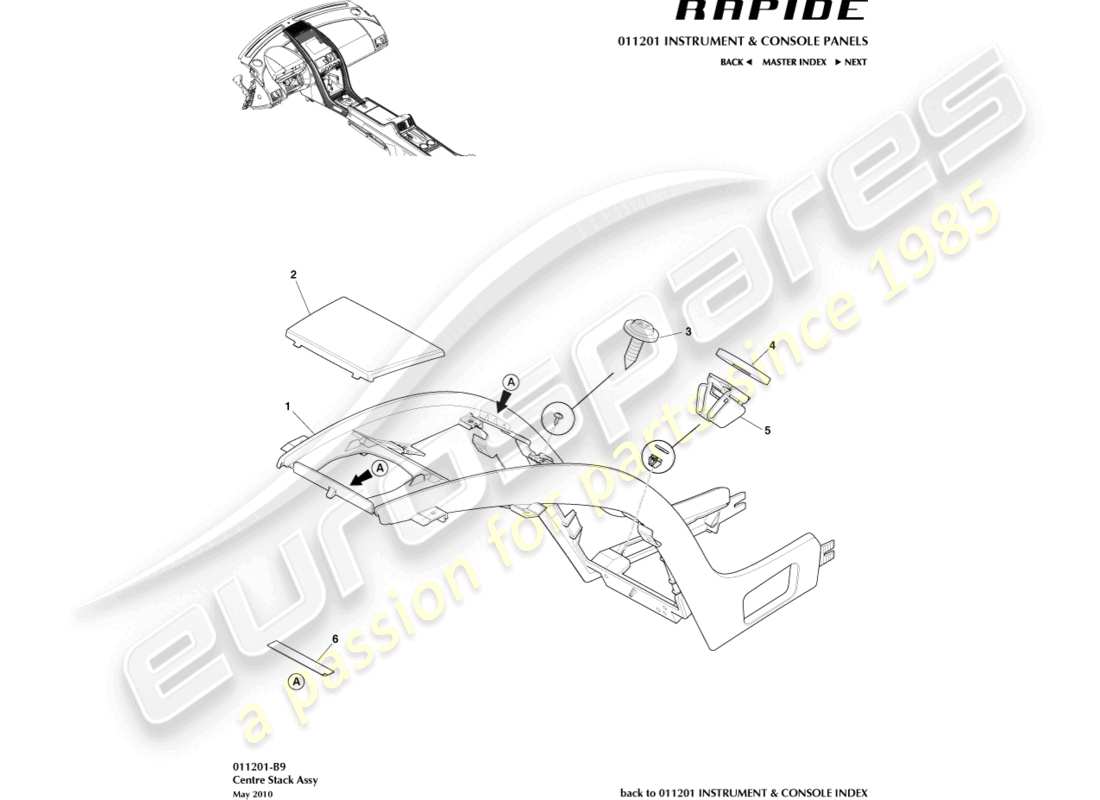 aston martin rapide (2016) teilediagramm für die mittelkonsolenform