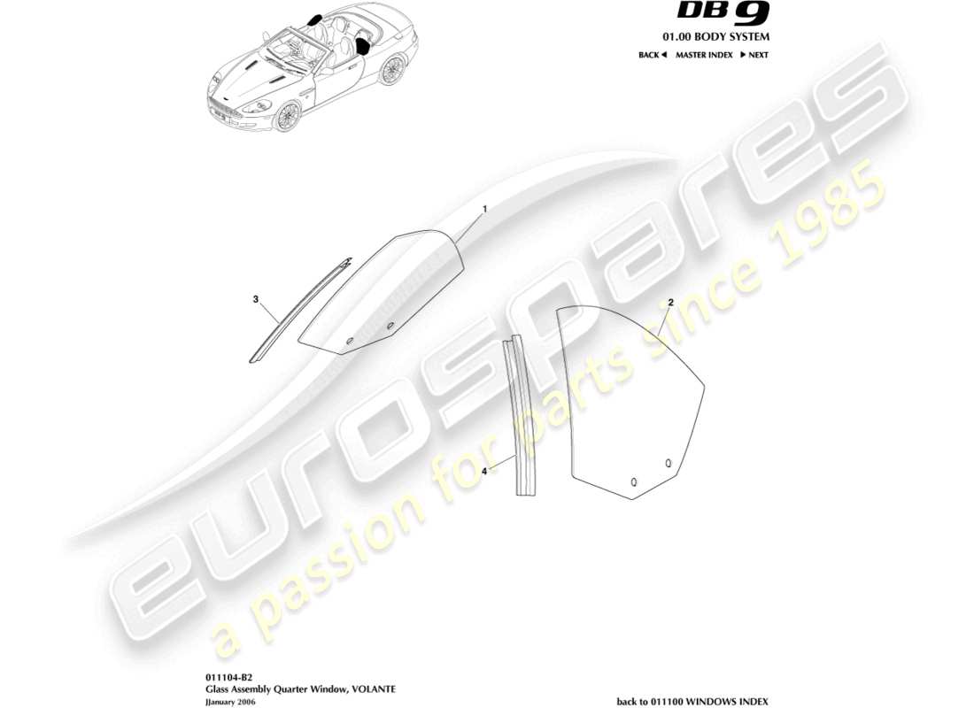aston martin db9 (2011) hintere seitenscheibe, volante teilediagramm