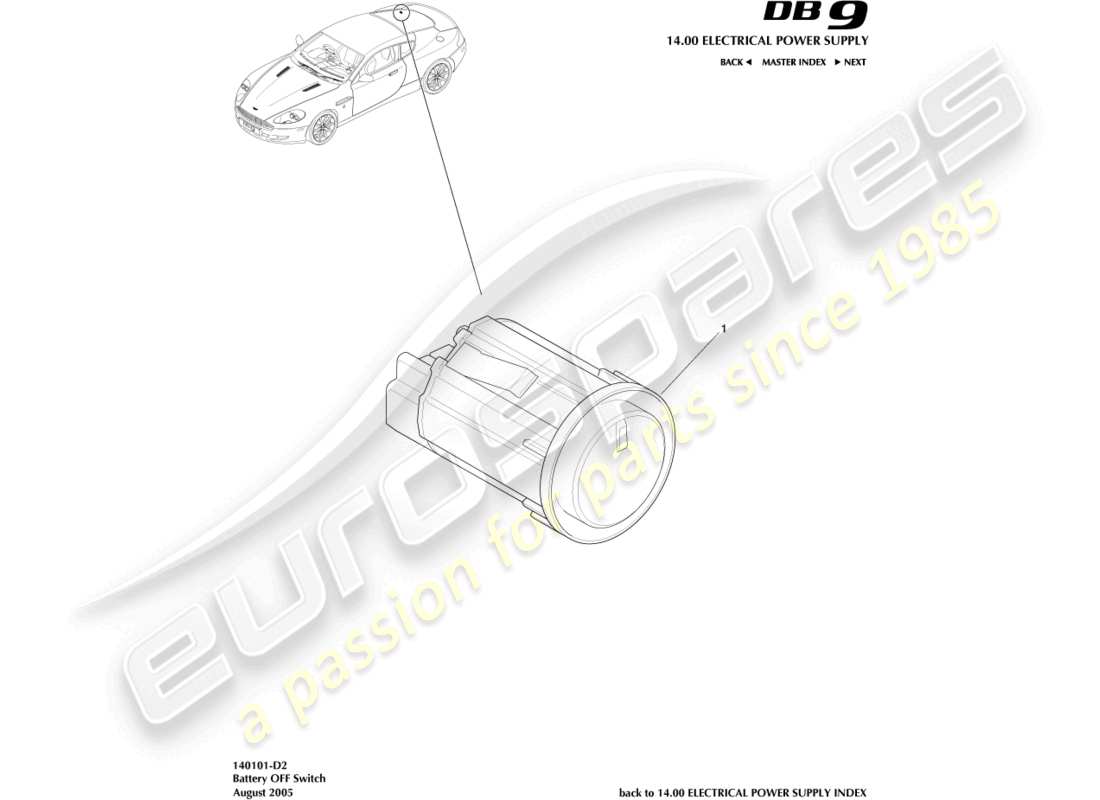 aston martin db9 (2007) teilediagramm des batterie-aus-schalters