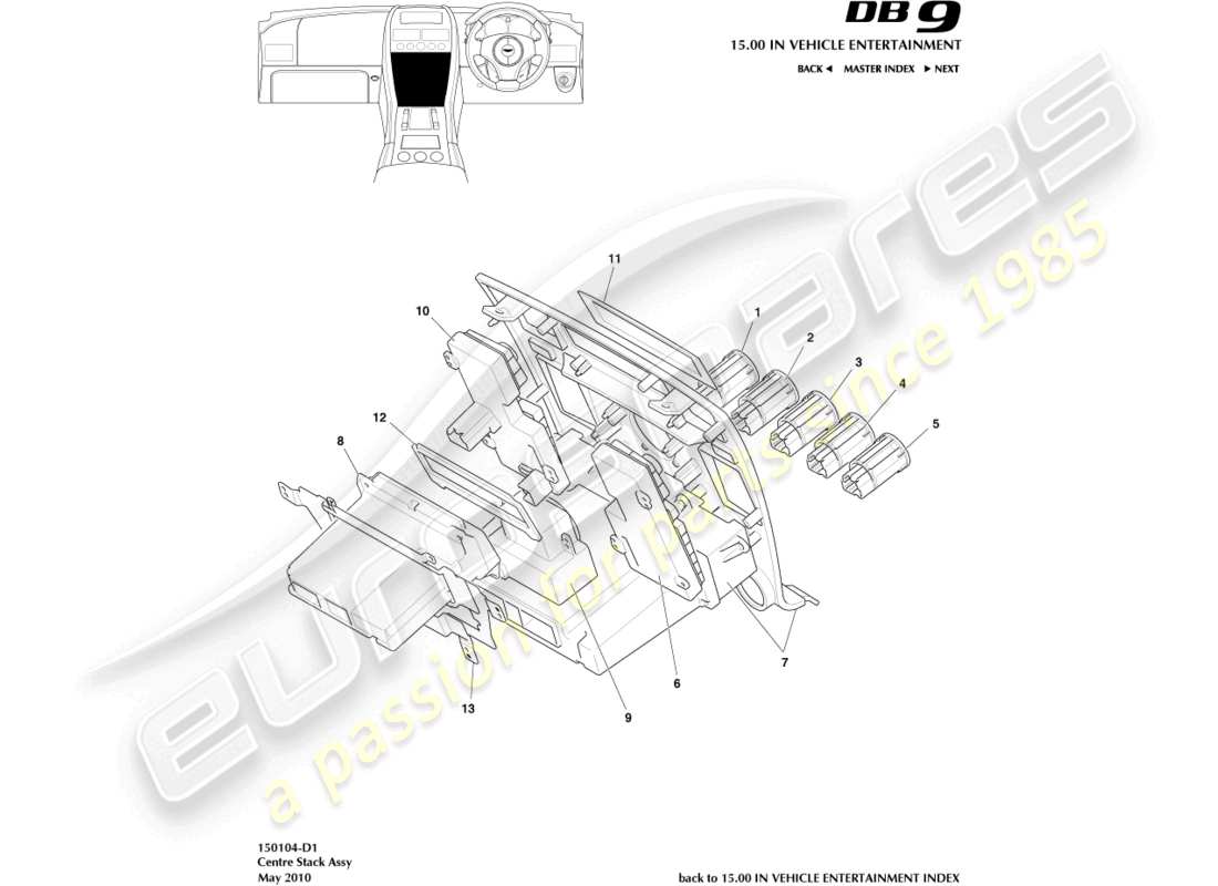 aston martin db9 (2004) teilediagramm der mittelkonsole