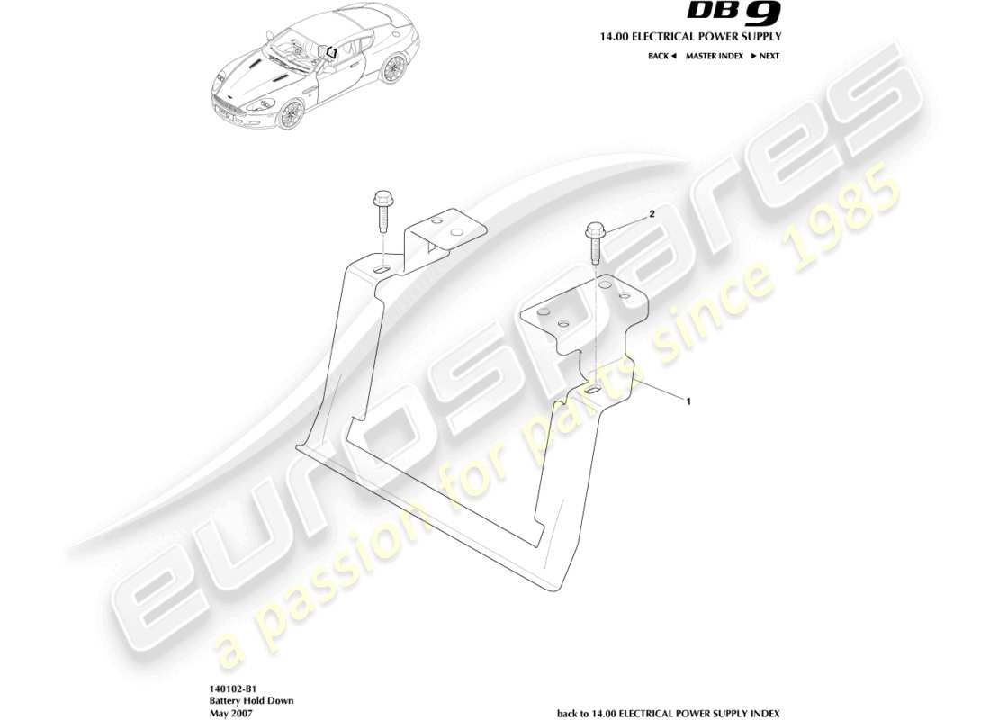 aston martin db9 (2007) teilediagramm für batteriehalterungen
