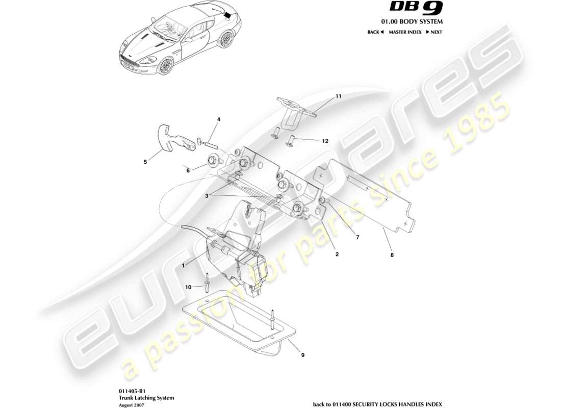 aston martin db9 (2004) teilediagramm des kofferraumverriegelungssystems