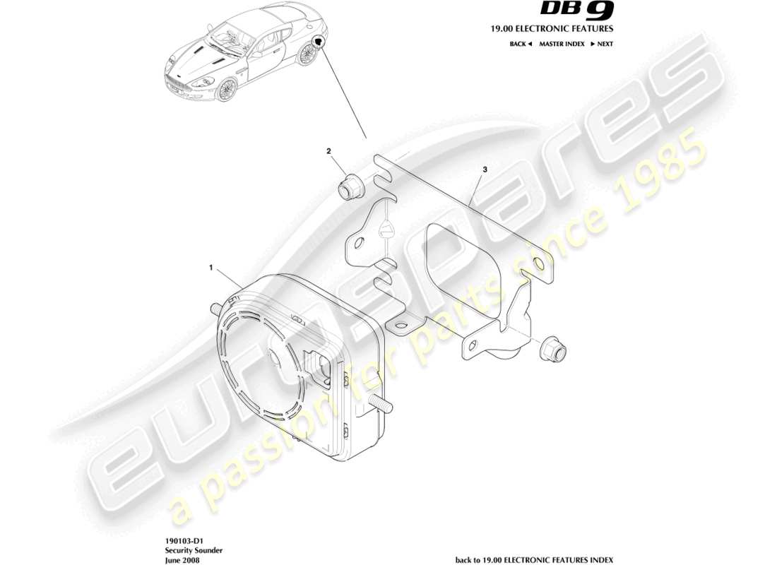 aston martin db9 (2011) sicherheitssignalgeber teilediagramm