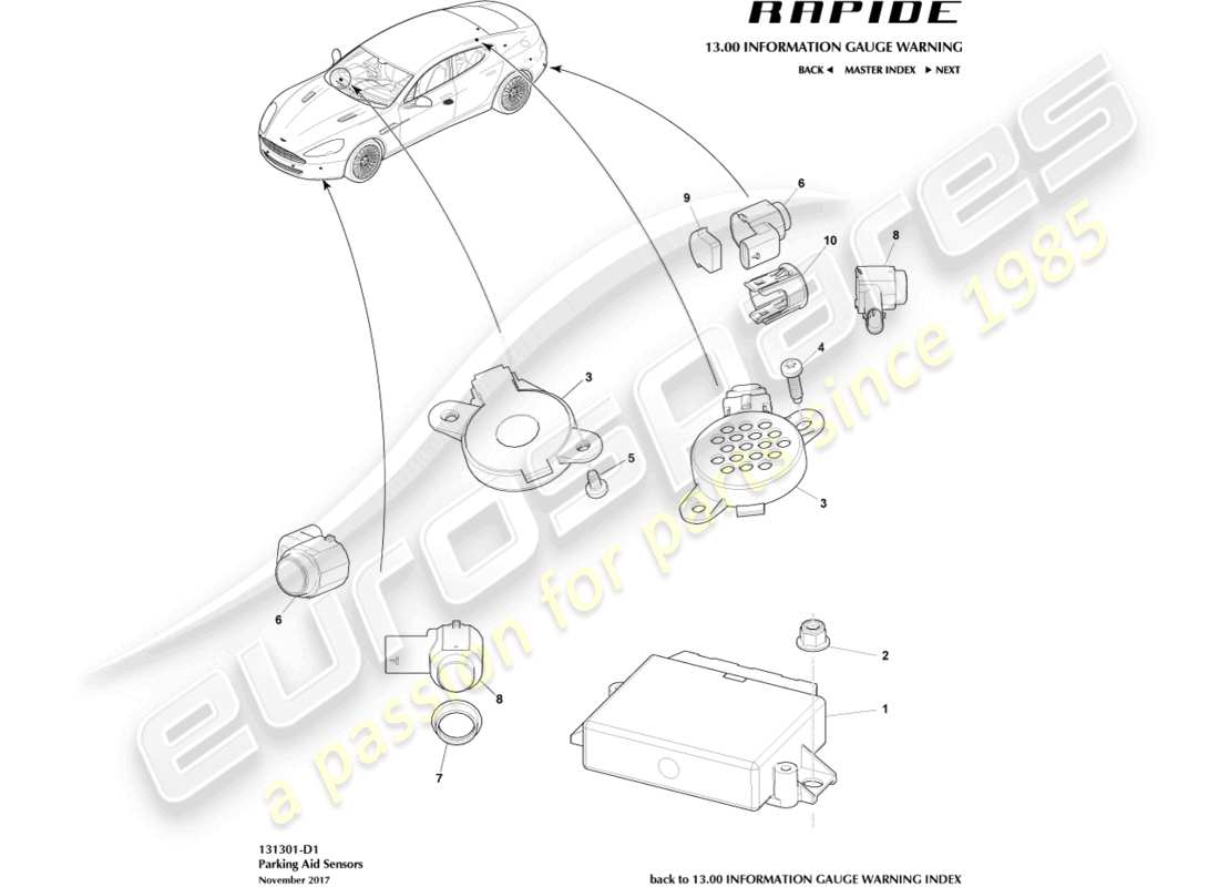 aston martin rapide (2011) teilediagramm für einparkhilfesensoren