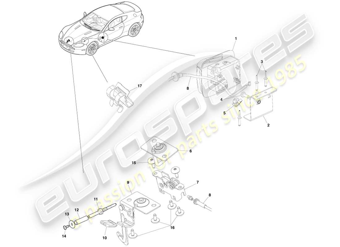 aston martin v8 vantage (2007) teilediagramm des motorhaubenverriegelungssystems
