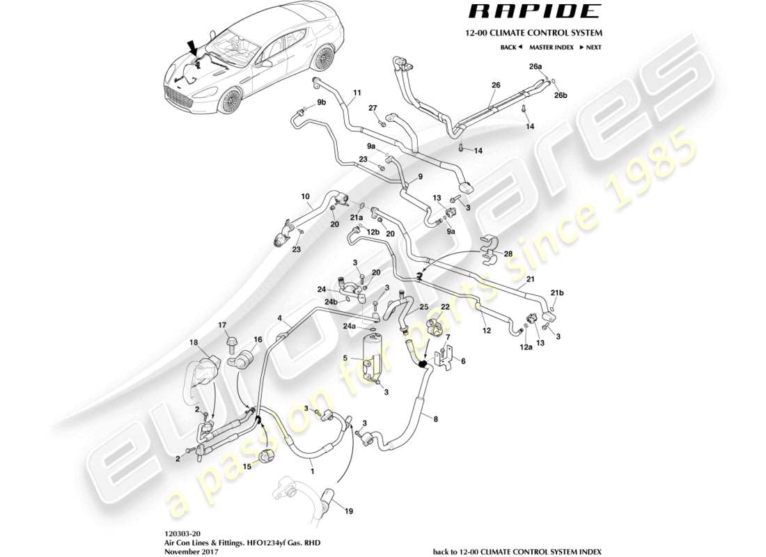 aston martin rapide (2011) klimaanlagenleitungen, hfo1234yf, rhd-ersatzteildiagramm