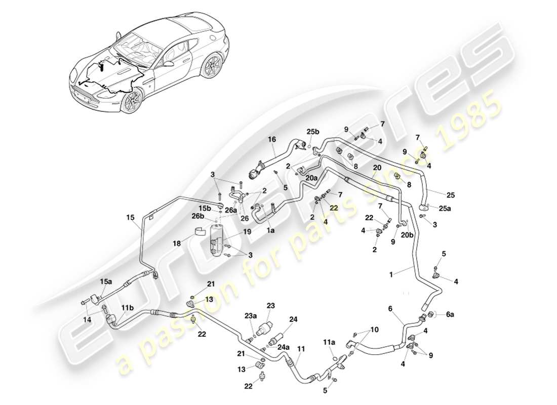aston martin v8 vantage (2007) klimaanlagenleitungen, hfo1234yf gas, rhd-ersatzteildiagramm