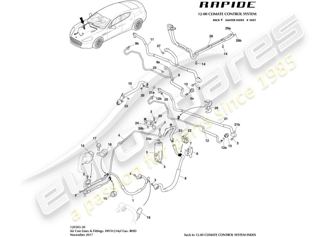 aston martin rapide (2012) klimaanlagenleitungen, hfo1234yf, rhd-ersatzteildiagramm