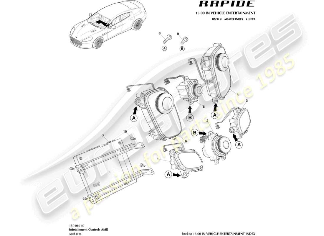 aston martin rapide (2018) infotainment-bedienelemente, amr-teilediagramm