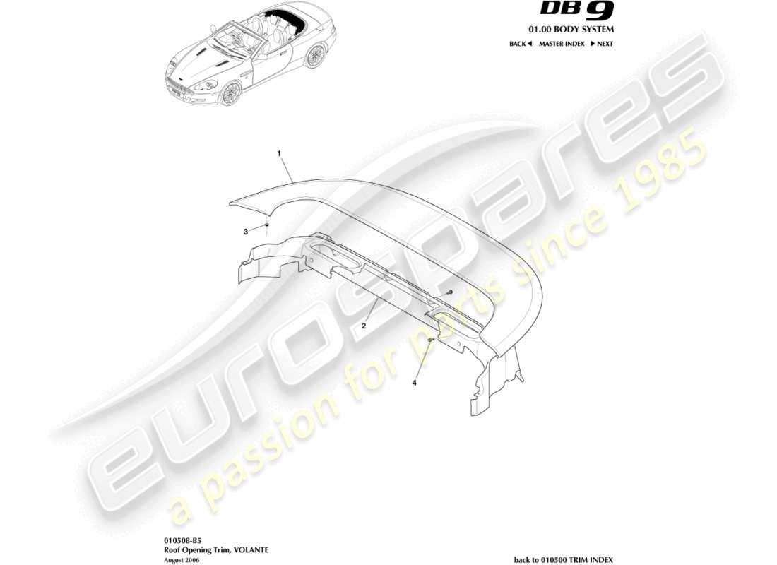 aston martin db9 (2010) teilediagramm für dachöffnungsverkleidung