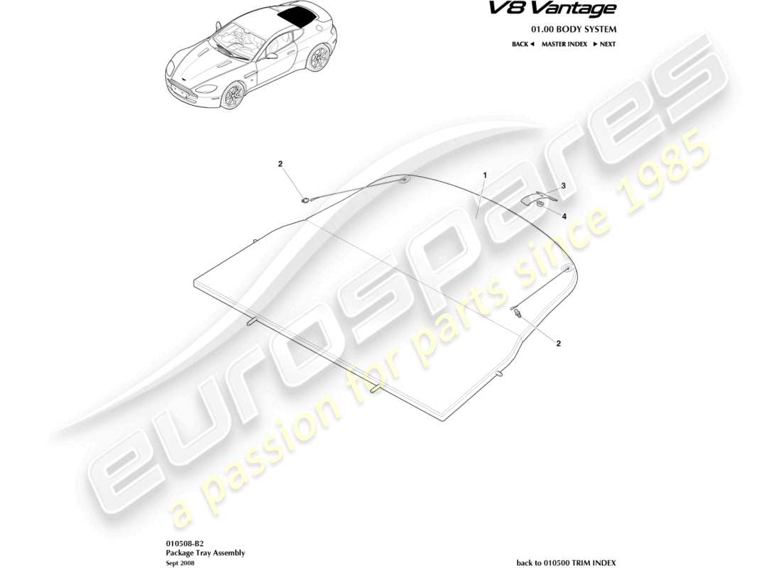 aston martin v8 vantage (2008) teilediagramm der paketablagebaugruppe