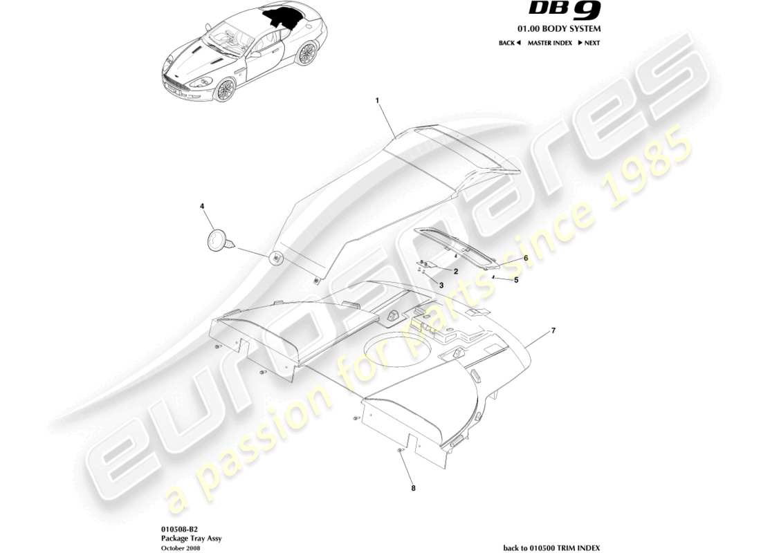 aston martin db9 (2007) teilediagramm der paketablagebaugruppe