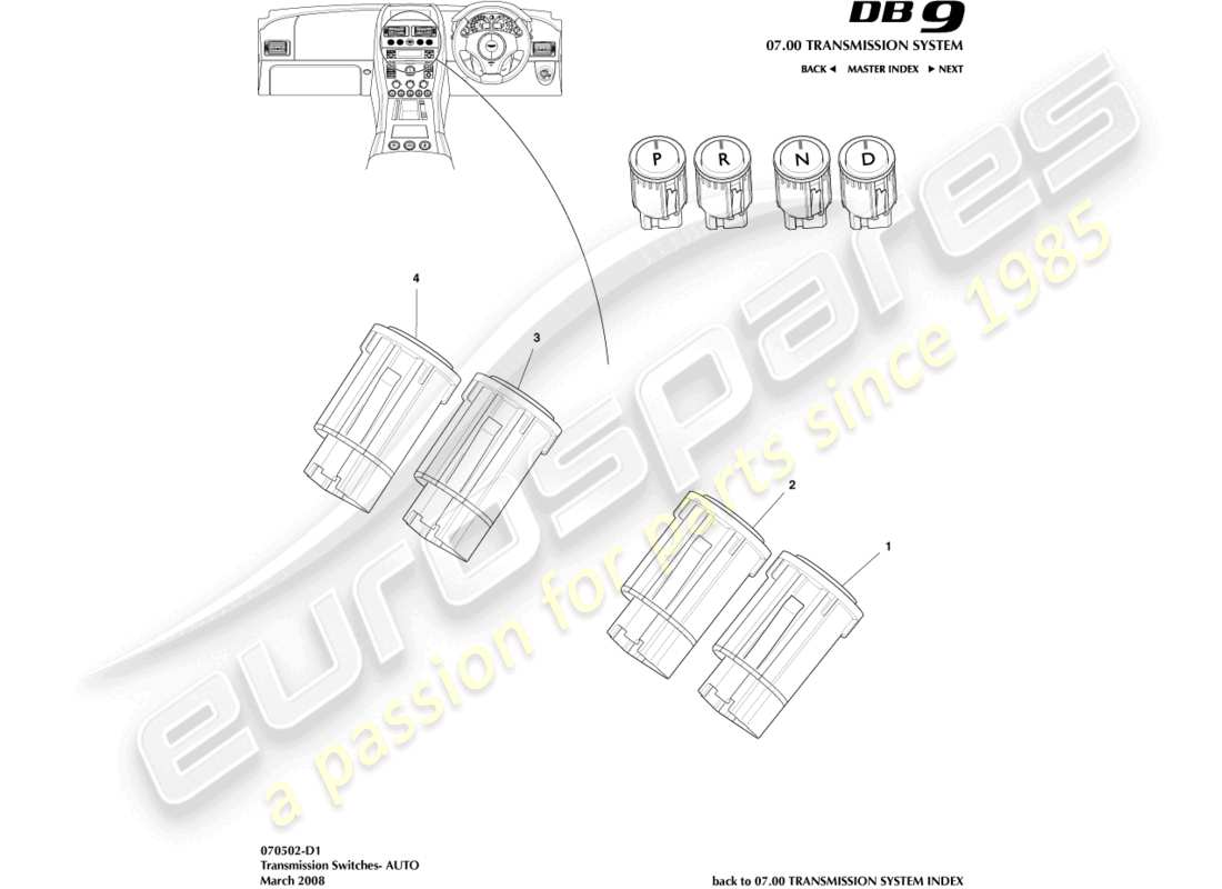 aston martin db9 (2007) teilediagramm für transaxle-schalter