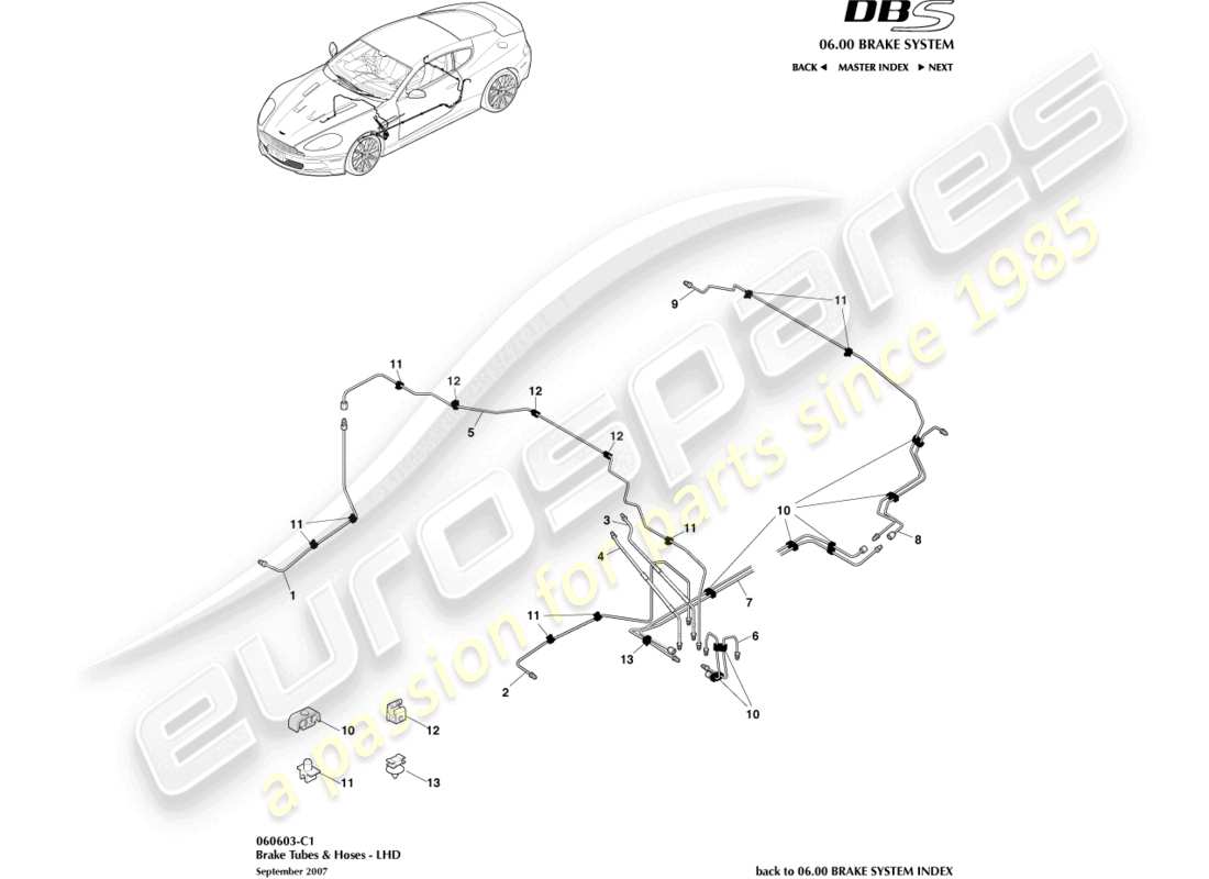 aston martin dbs (2008) bremsleitungen und -schläuche, lhd-ersatzteildiagramm