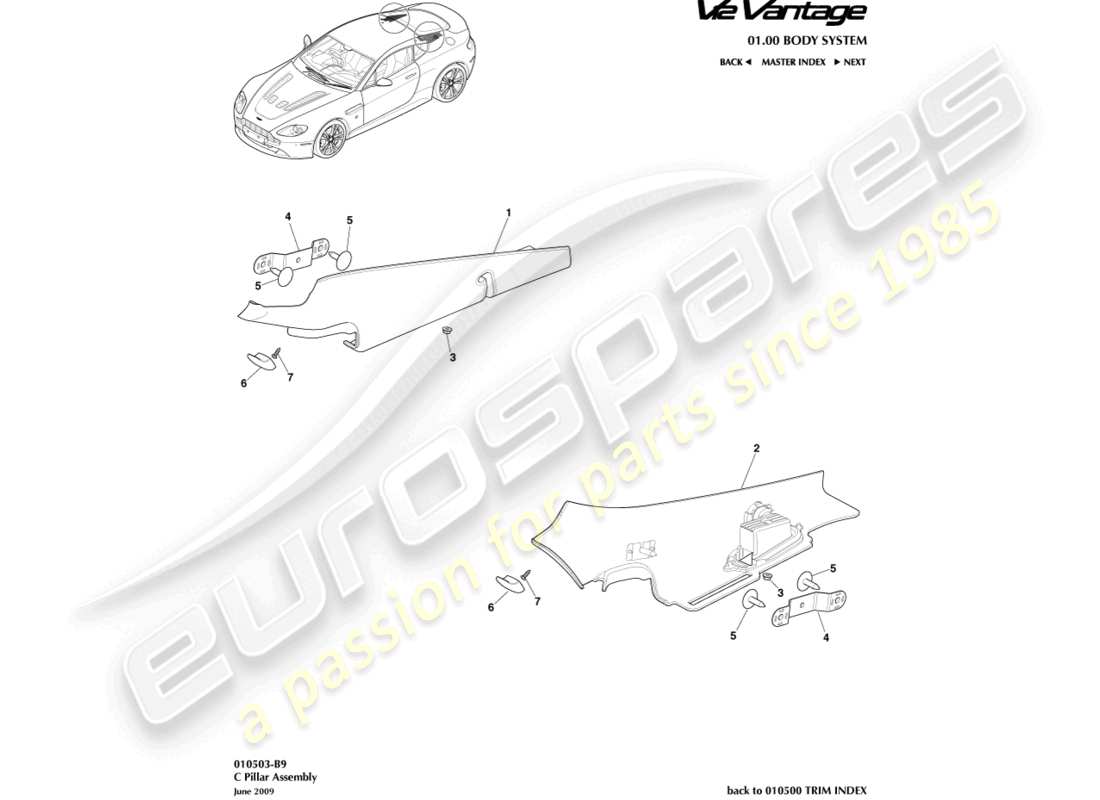 aston martin v12 vantage (2010) teilediagramm der c-säulenbaugruppe
