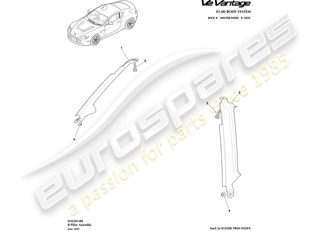 aston martin v12 vantage (2010) teilediagramm der b-säulenbaugruppe