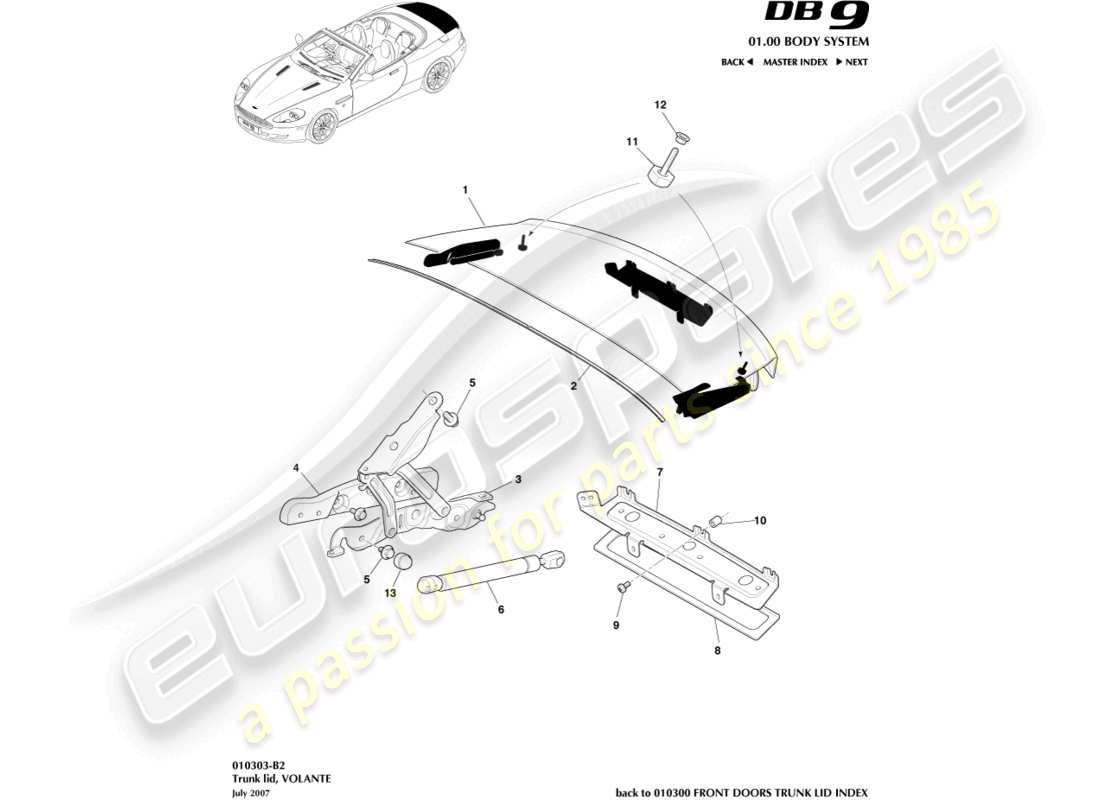 aston martin db9 (2007) kofferraumdeckel, volante-ersatzteildiagramm
