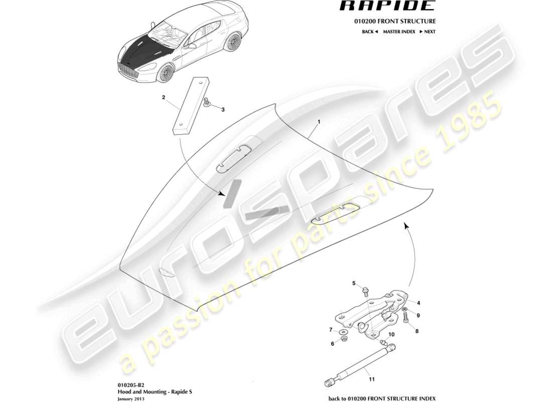 aston martin rapide (2011) motorhaube und scharniere, s-teilediagramm