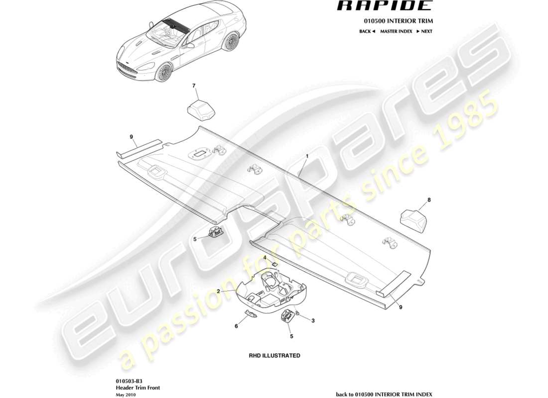 aston martin rapide (2011) teilediagramm für die vordere kopfleistenverkleidung