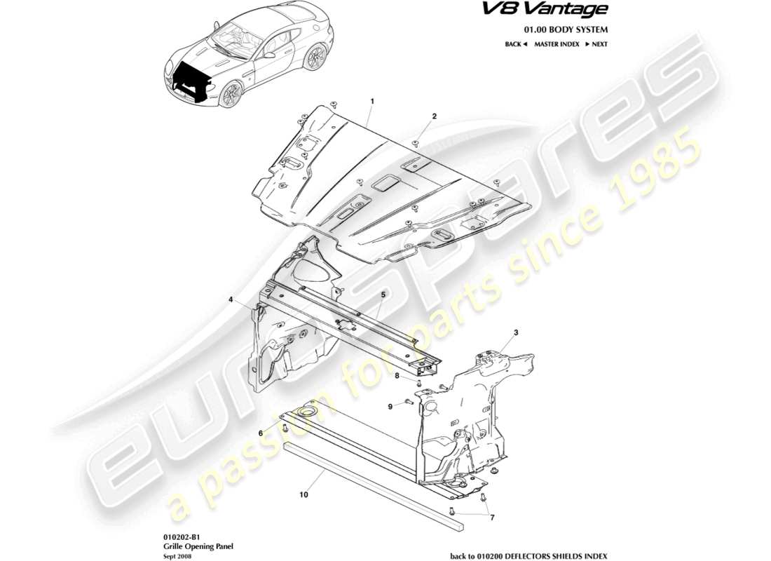 aston martin v8 vantage (2018) teilediagramm für kühlergrillöffnungsplatte