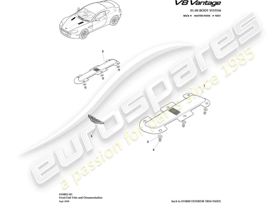 aston martin v8 vantage (2012) teilediagramm für die frontverkleidung